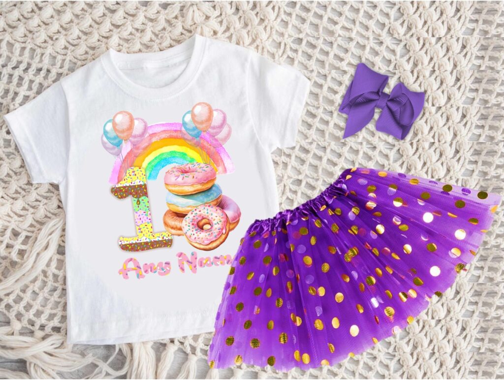 Donuts Personalized Birthday Party Purple Gold Polka Dots Tutu Outfit Set Dress – All Sizes