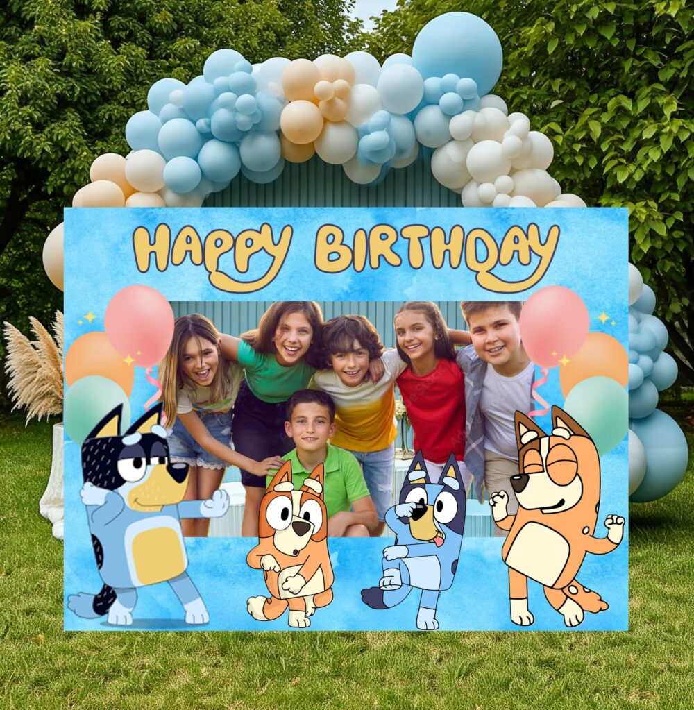 Bluey & Bingo with Family Happy Birthday Party Celebration Photo Booth Frame Life Size Cutout Prop Yard Sign Gift