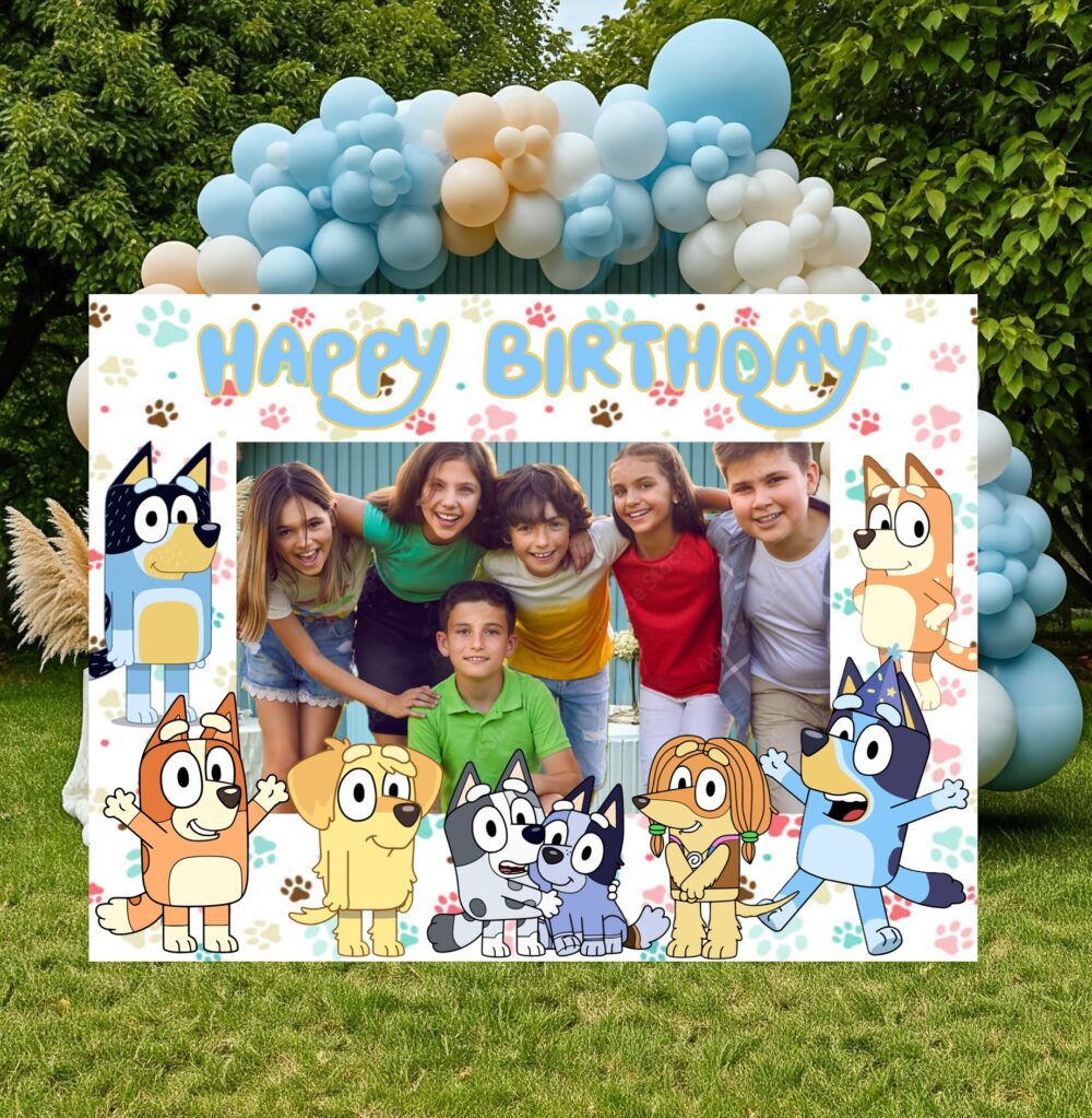 Bluey & Bingo with Family and Friends Happy Birthday Party Celebration Photo Booth Frame Life Size Cutout Prop Yard Sign Gift